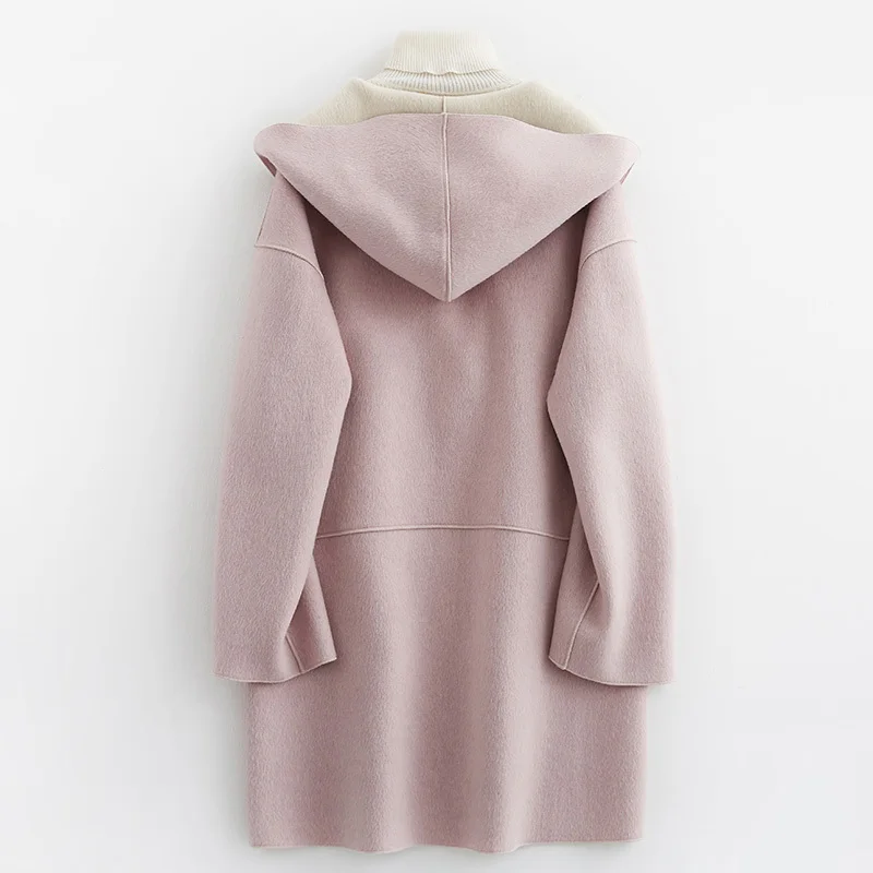 Женское шерстяное пальто с капюшоном длинное двухстороннее из 100% шерсти в