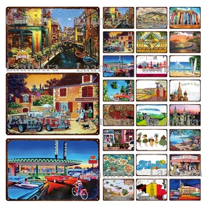 Retro Iron Sign Home Decoration Island Landscape Wall Poster Tin Plate Street Coffee Shop Vintage Metal Sign Room Decor Picture