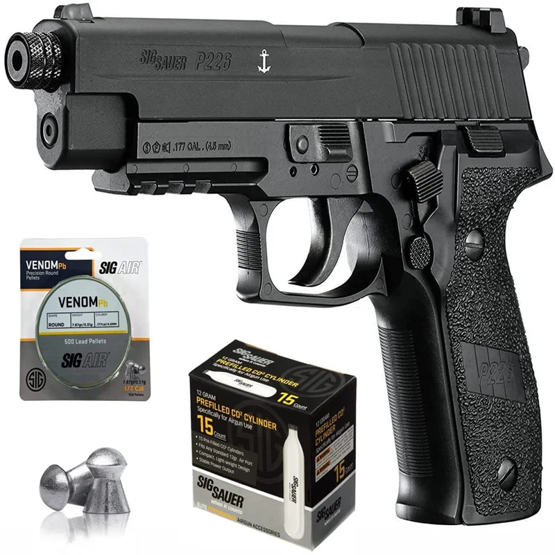 

SIG Sauer P226 Air Pistol with CO2 12 Gram (15 Pack) and 500 Lead Pellets Bundle (Black)Metal wall plateMetal wall plate