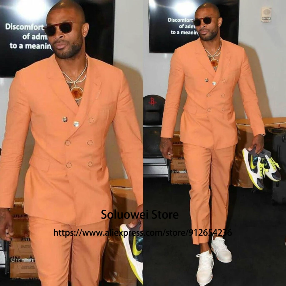 

Fashion Orange Mens Suits African Groom Wedding Double Breasted Tuxedo 2 Piece Jacket Pants Set Formal Business Blazer Masculino