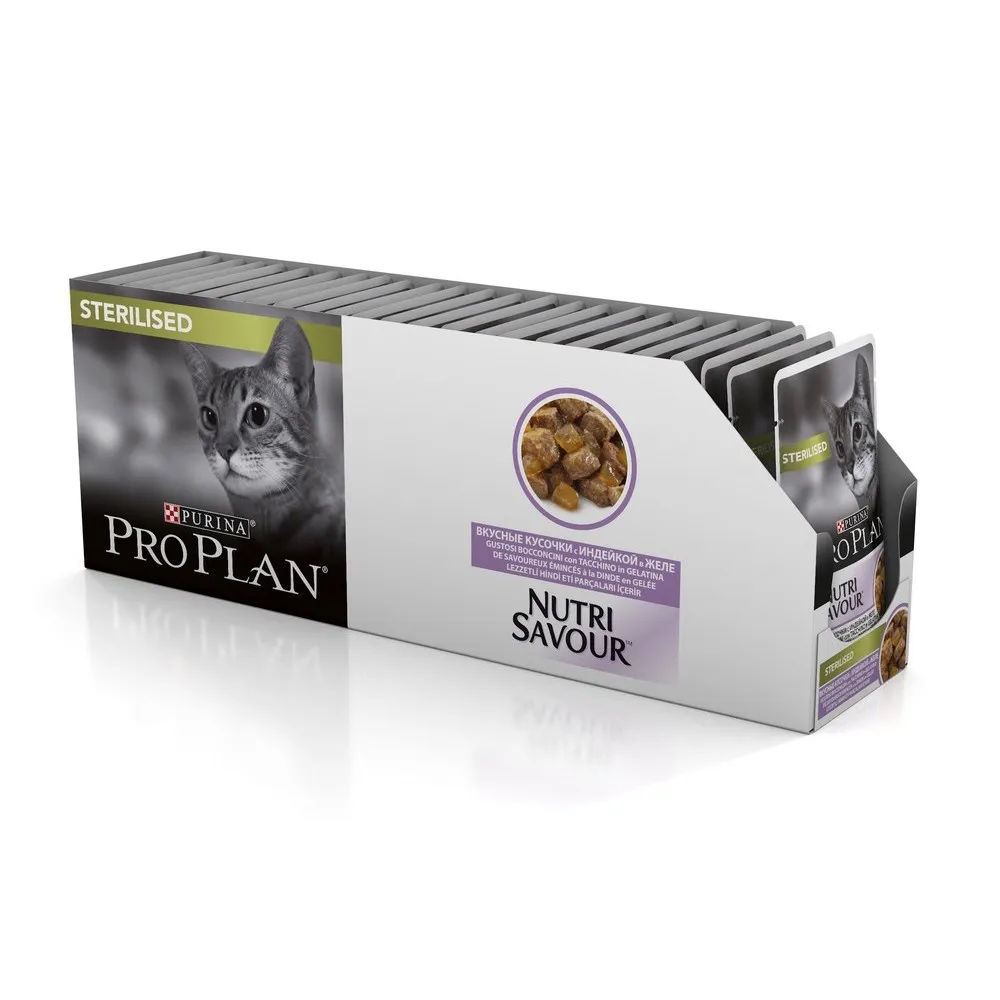 Pro Plan Nutrisavour Sterilised пауч для стерилизованных кошек и котов с индейкой(кусочки в желе, 24*85 г