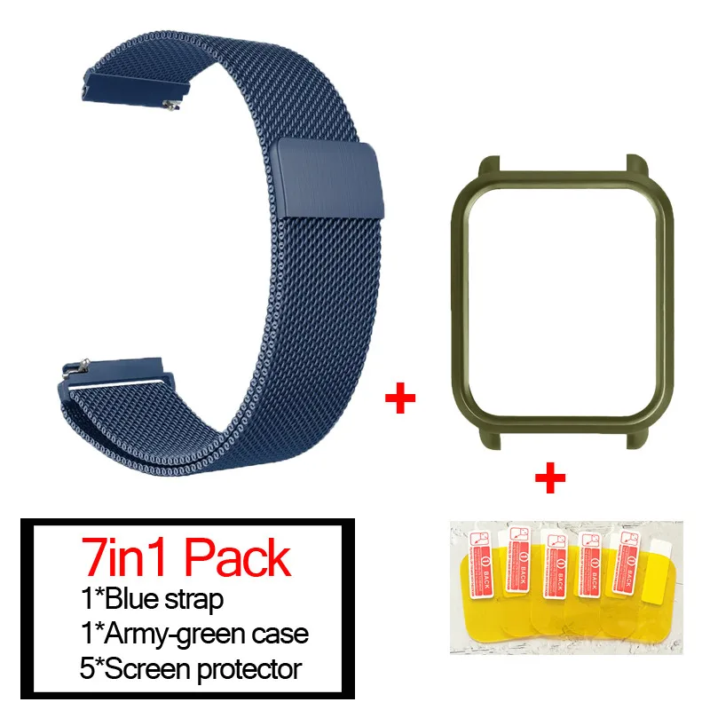 blue-army green 7в1 для Xiaomi Huami Amazfit ремешок bip браслет из Миланского нержавеющей стали Smartwatch Браслет Amazfit bip защитный чехол для экрана - Цвет: blue-army green