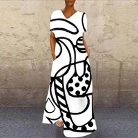 ladies elegant abstract girl printed party dresses casual short sleeve v neck long dresses summer loose plus size a line dresses