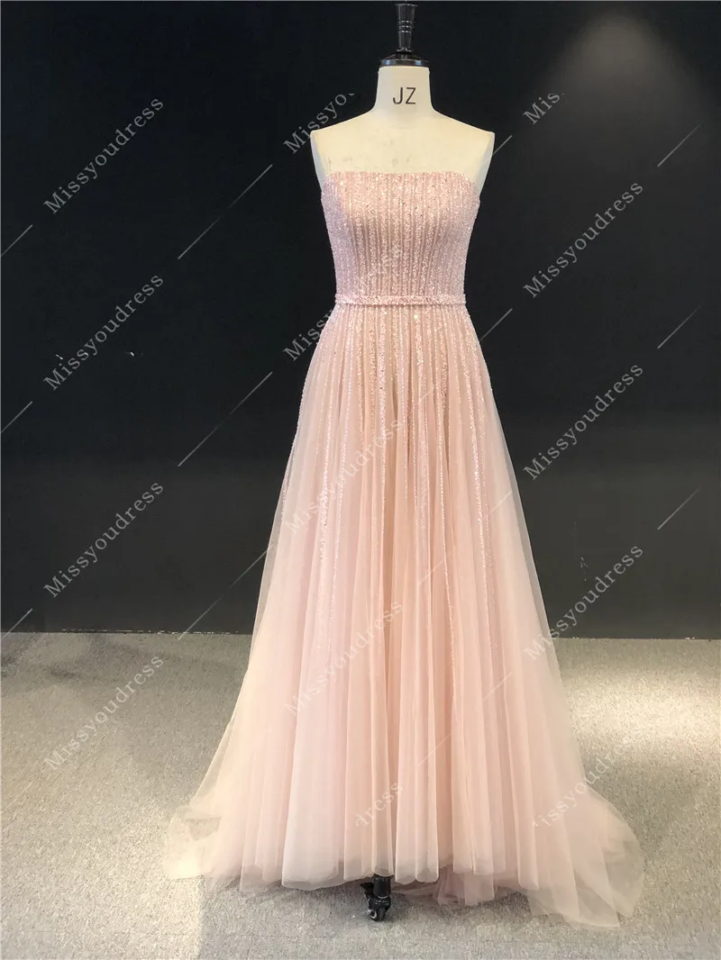 2021 فساتين السهرة Real Sample Light Pink Luxurious Beads Strapless A-line Floor Length Formal Prom Party Evening Dresses