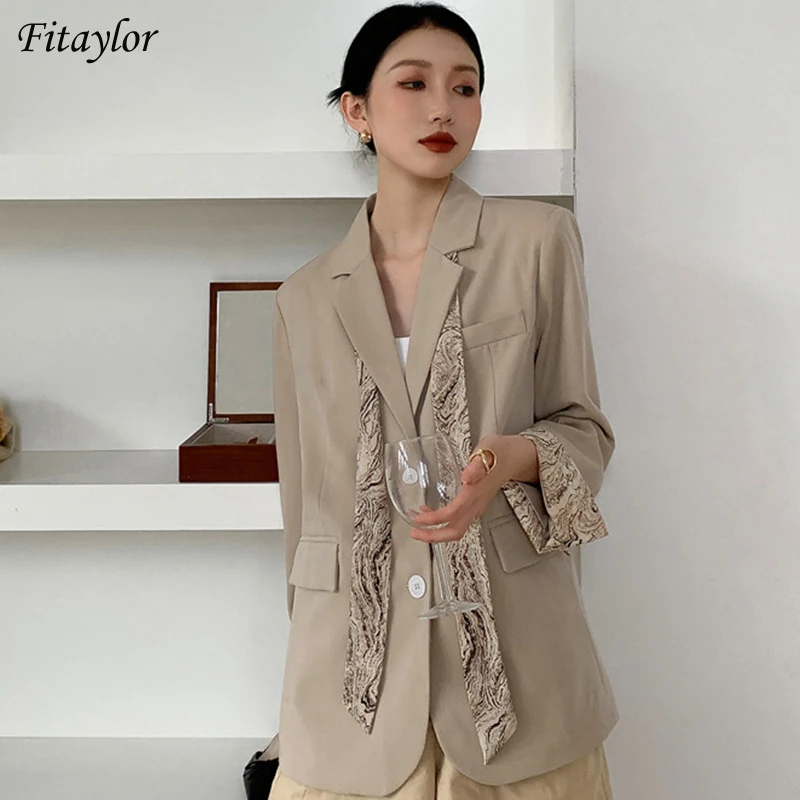 

Fitaylor 2022 Spring New Office Lady Solid Color Blazers Coat Single Breasted Lapel Temperament Silk Scarf Women Jacket