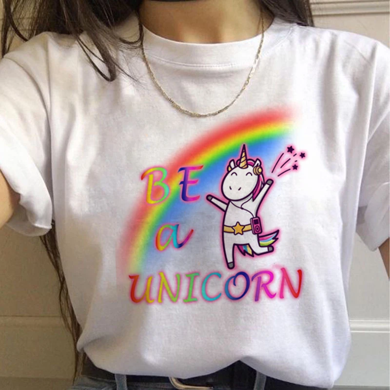 Единорог Kawaii Harajuku футболки женские милые Unicornio Ullzang мультфильм футболка 90s Забавный принт футболки с графическим изображением женские - Цвет: 7555