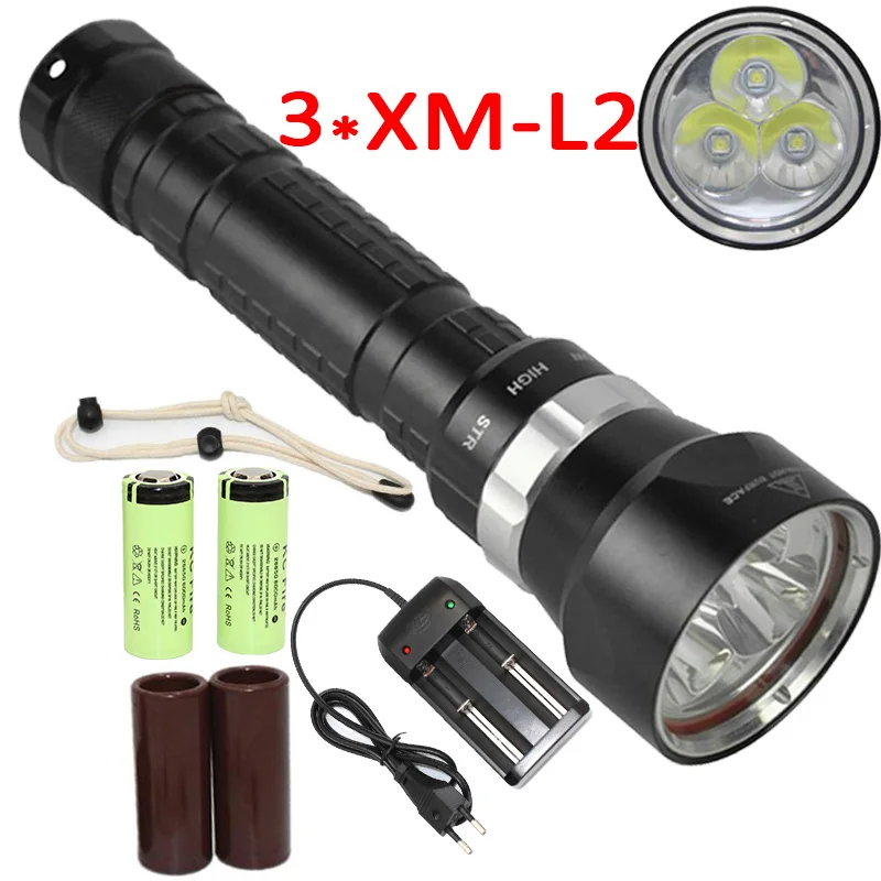 Comprare 2700LM 3x XM-L2 LED Torcia Subacquea Torcia Impermeabile Torcia Subacquea Lanterna Subacquea 2x26650 Caricabatterie
