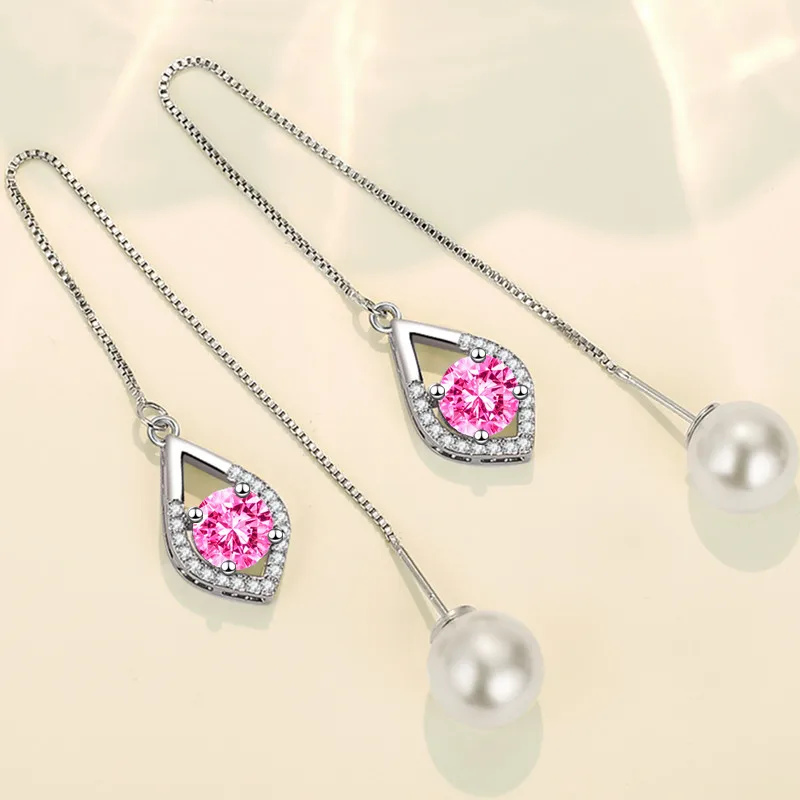 

925 Sterling Silver New Women's Fashion Jewelry Ear Line Blue Pink Crystal Zircon Pearl Long Tassel Hollow Retro Earrings