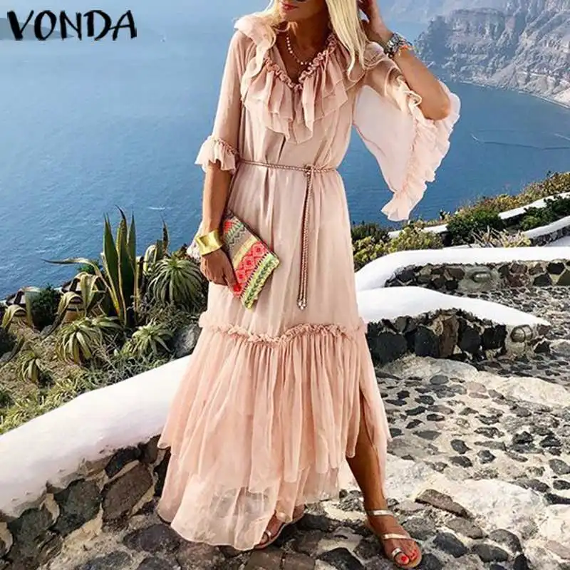 VONDA Макси платье для беременных, сексуальное платье с v-образным вырезом и коротким рукавом, однотонные платья, пляжный сарафан, праздничное богемное платье, Vestidos Femme Robe