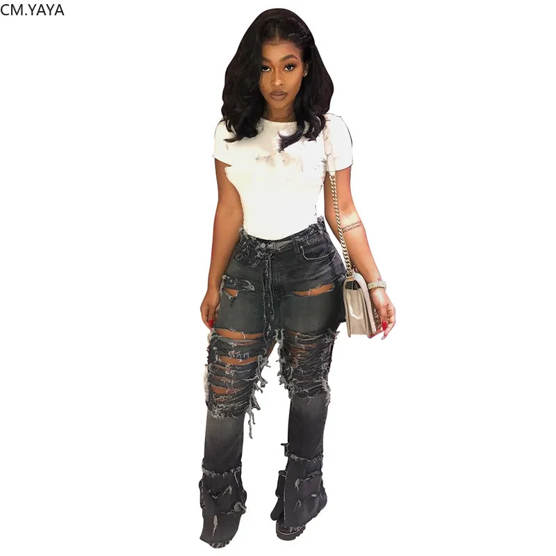 Fashion Denim Skinny Pants Women Retro Ripped Jeans Wide Leg Trousers Hole Casual Bell-Bottoms Flare Pant Female GLHSF2084 |