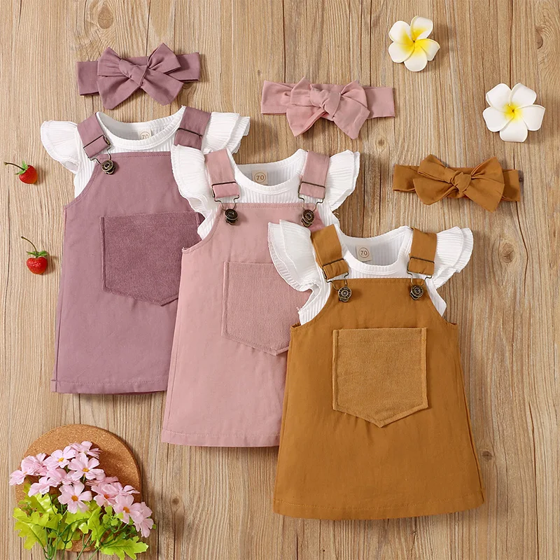 

3pcs Toddler Girls Summer Outfit Infant White Flying Sleeve Ribbed Romper + Suspender Dress + Bowknot Headband for 0-18M