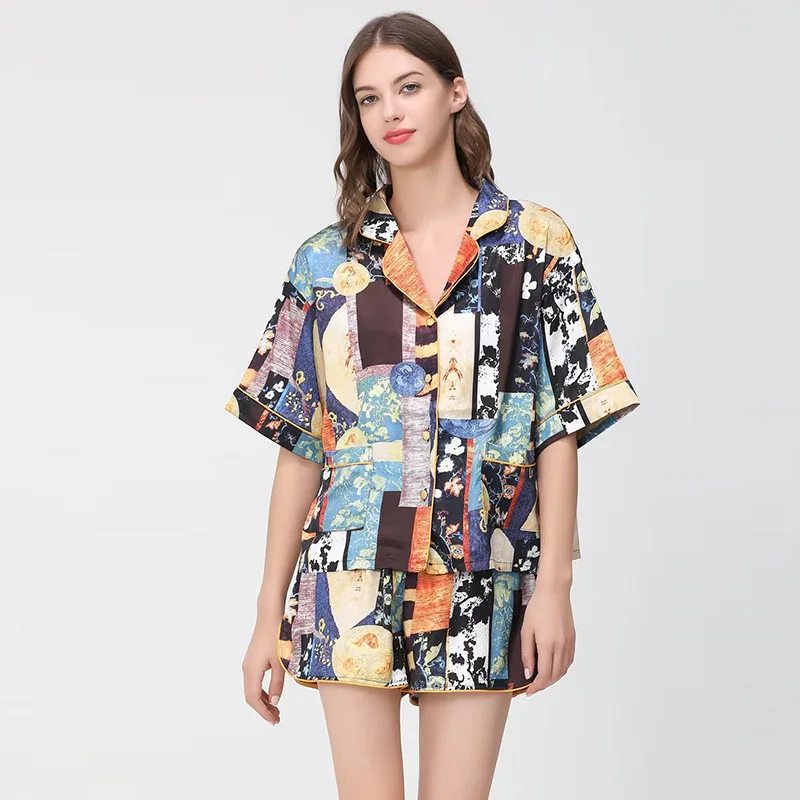 Silk Pajamas Women's Summer Thin Fashion Printed Silk Ladies Casual Home Wear Short-sleeved Shorts Loose Two-piece Suit Pajamas
