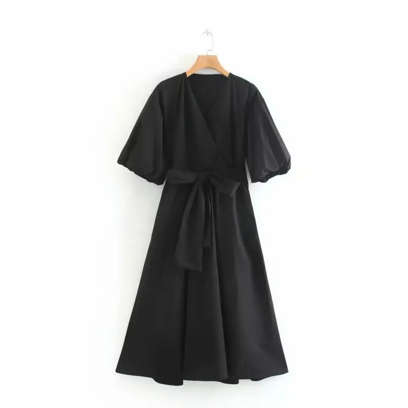 2019 женское Винтажное с рукавами фонариками черное платье перекрестным v образным