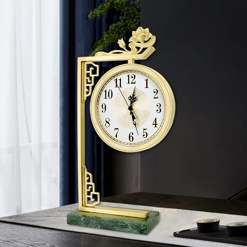 

Chinese style lotus bronze clock countertop marble seat tabletop table clock decoration silent villa decoration clock decoration