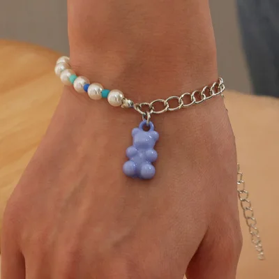 

ins Fashion White Imitation Pearl Bracelet Mixed Color Millet Beads Chain Stitching Chain Women Color Bear Pendant Jewelry Gifts