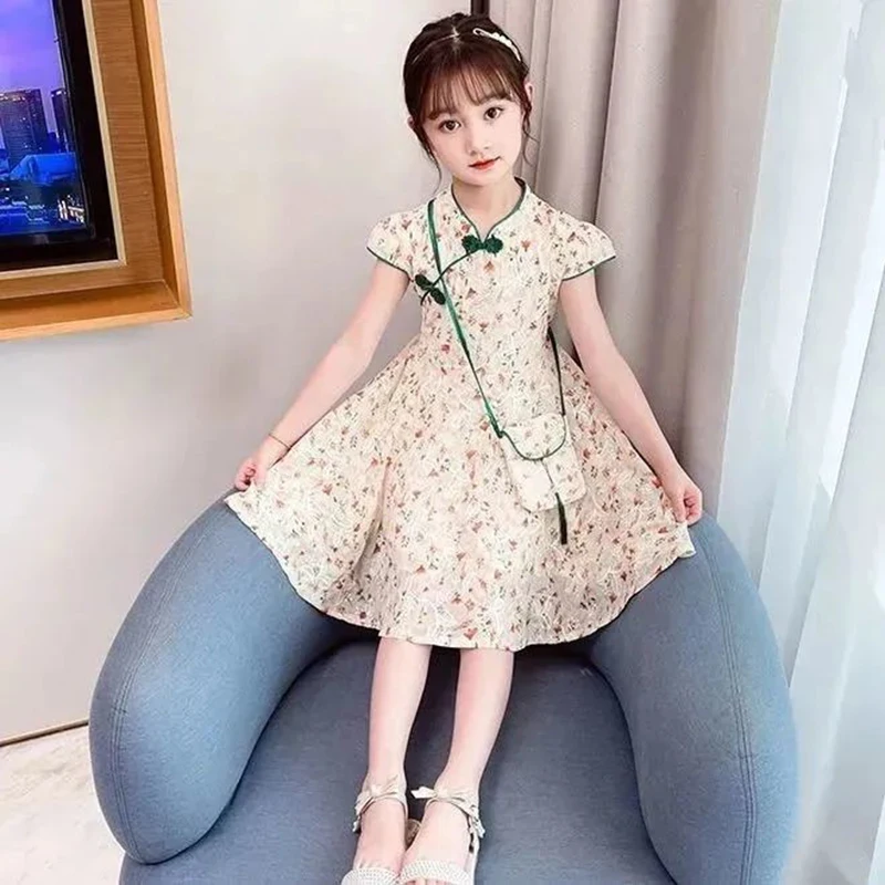 

2022 Summer Princess Girl Dress Chinese Traditional Classical Chiffon Floral Embroidery Cheongsam Dress With Bag Carnival Outfit