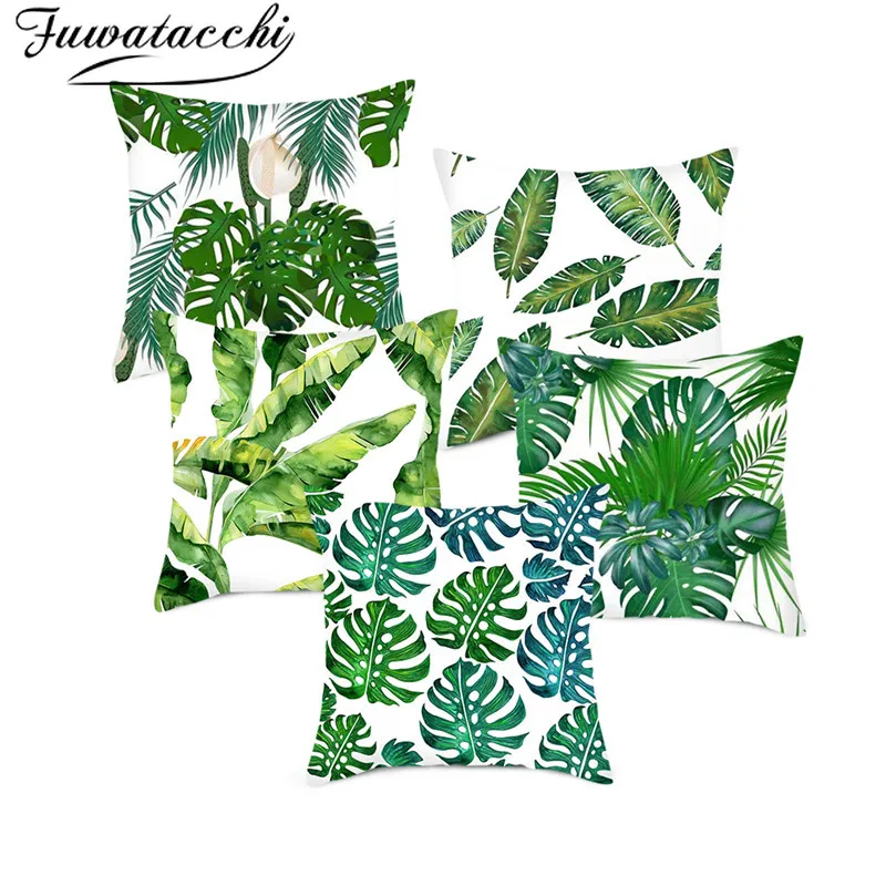 Fuwatacchi Leave Linen Cushion Cover Green Plant Leaf Pillow for Home Chair Sofa Decorative Pillowcases Flower 45*45 | Дом и сад