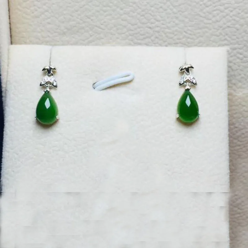 NOT FAKE S925 Fine Jewelry Hetian Jasper Water Earrings 925 Sterling Silver Women Handmade emerald green stone | Украшения и