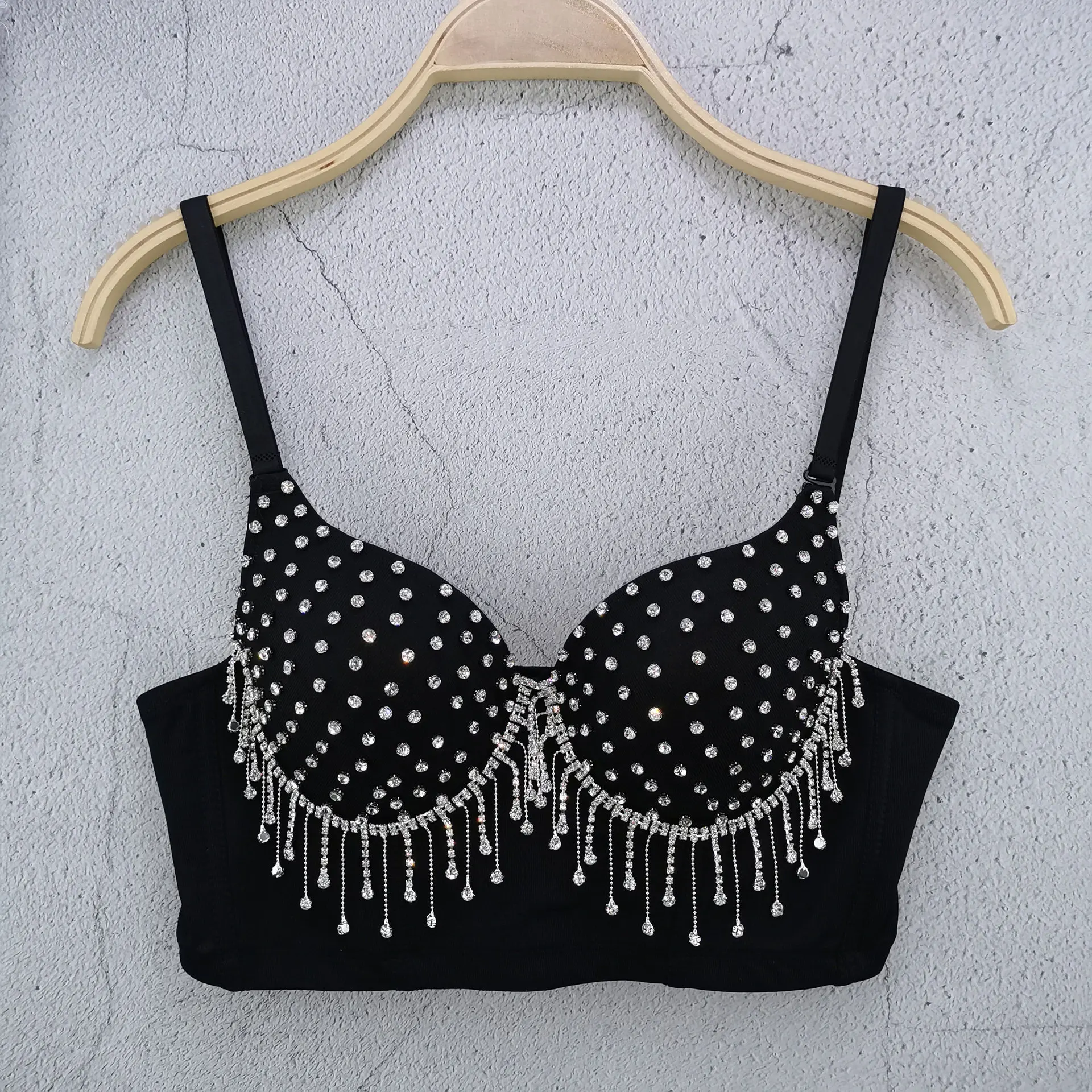 Fashion Women Camisole Top Diamond Crystal Tassels Solid Color Sexy Cropped Top Push Up Bustier Bra Night Club Party Tank Top