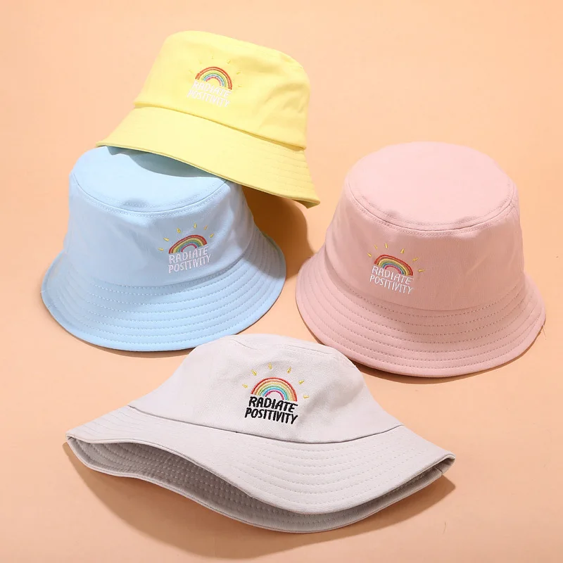 

Rainbow Bucket Hat Embroidery Women Fashion Beach Sun Hats 100% Cotton Bob Chapeau Femme Panama Hat Fisherman Hat