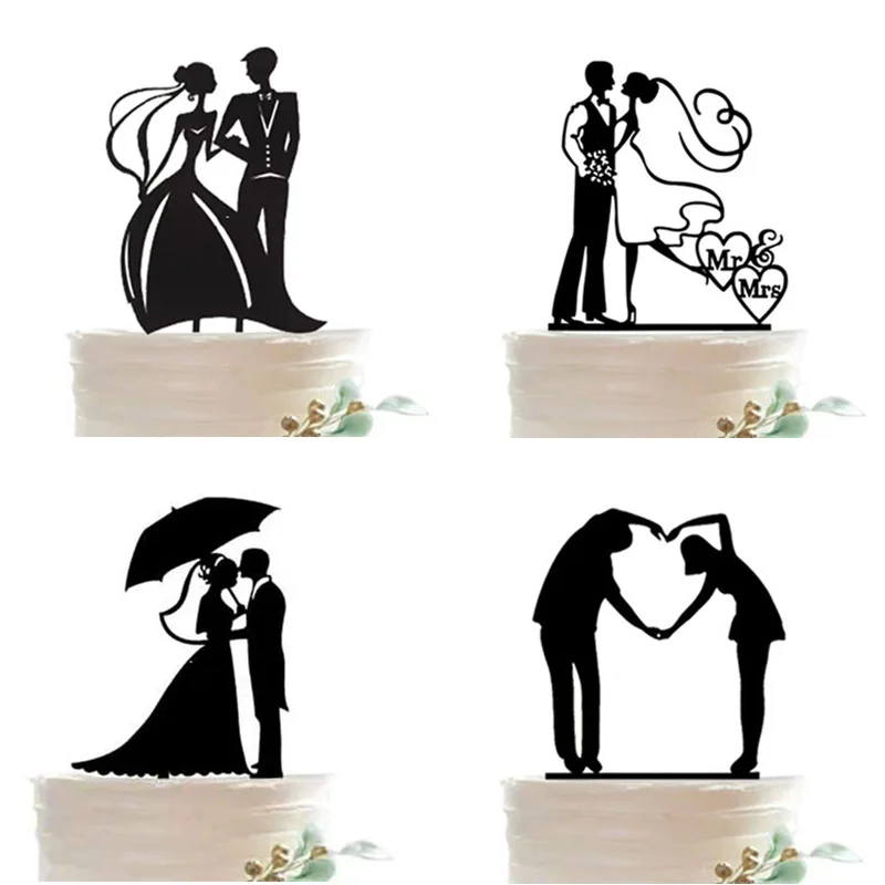 Черный блестящий бумажный свадебный торт Топпер Mr and Mrs Жених и невеста