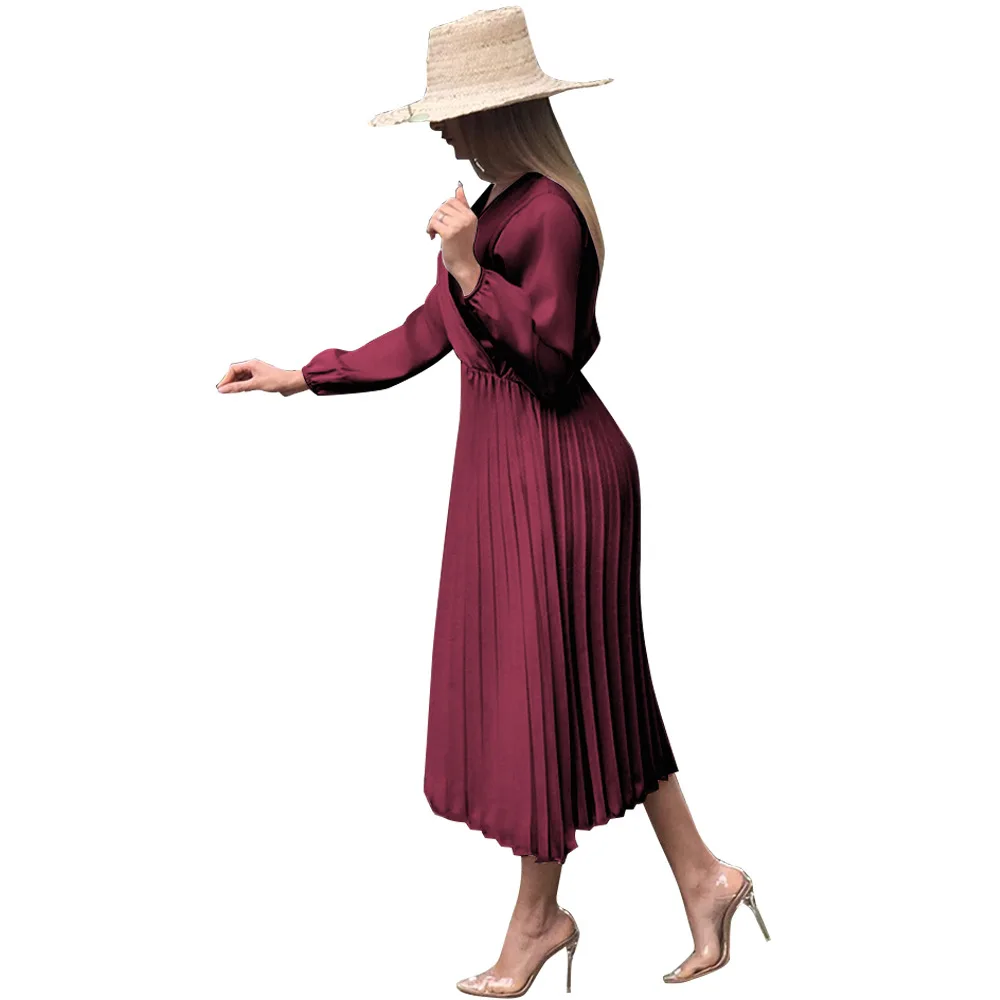 Adogirl Elegant Ruched Satin Dress Women Vintage Off Shoulder Wrap V Neck Long Lantern Sleeve A-Line Sexy Party Vestidos | Женская