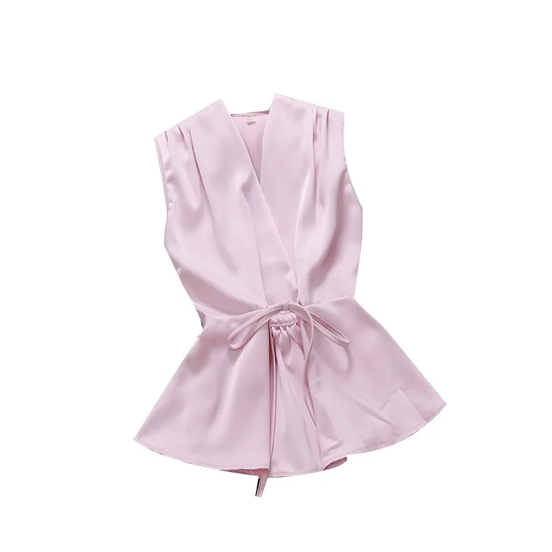 

HISUMA 2021 summer new female V-neck sleeveless Drawstring waist chiffon shirts women elegant satin lace-up blouses shirt