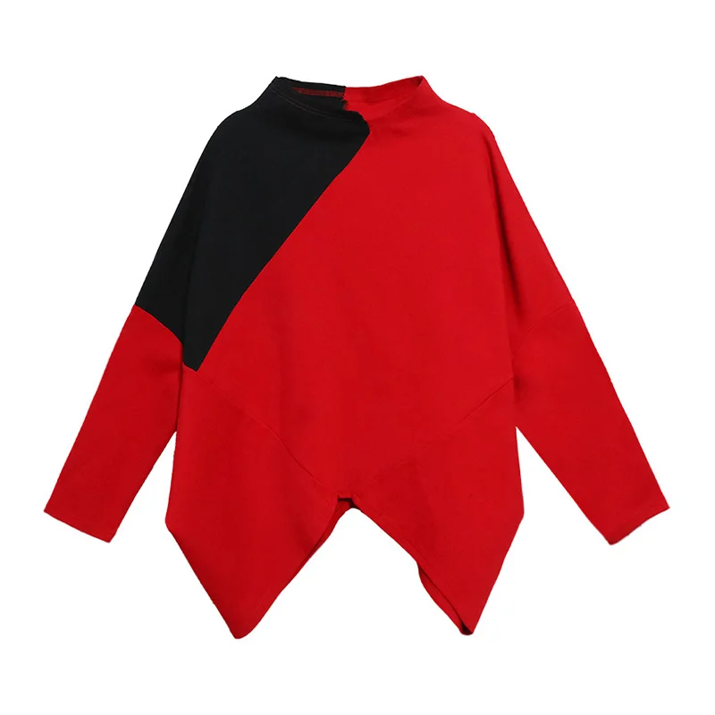 

Black Red Irregular Plus Size T-Shirt Women New Stand Collar Long Sleeve Fashion Loose Casual Tops Clothes Spring Autumn 2021