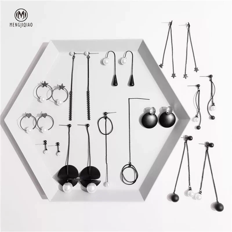 

MENGJIQIAO New Fashion Black Geometric Heart Tassel Long Drop Earrings For Women Elegant Pearl Brincos Pendientes Jewelry
