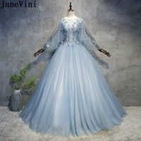 janevini 2020 dusty blue long quinceanera dresses ball gown puffy tulle handmade flowers pearls party dress vestido de baile