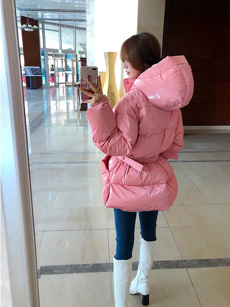 New Winter Women's Jacket hooded parka Bright Colors Insulated Puffy Coat collar hooded Parka Loose waist Belt outwear M192