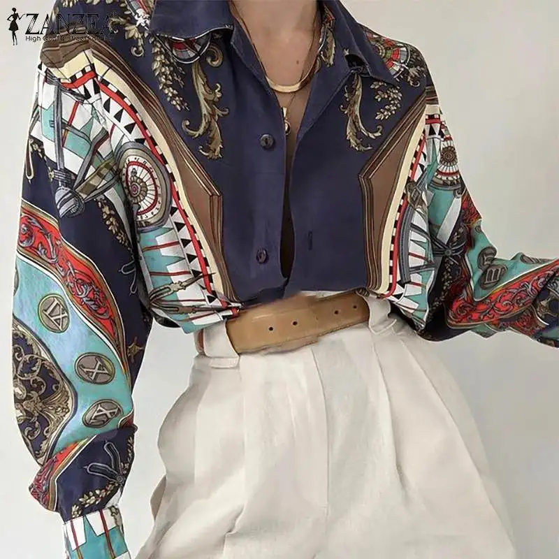 

Fashion Casual Kaftan Printed Shirt Women 2022 Spring Autumn Long Sleeve Tops ZANZEA Office Lady Loose Oversized Blusa Femme 7