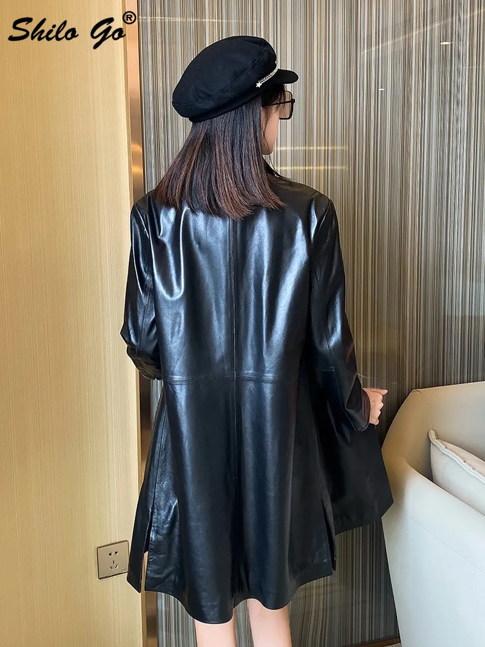 

Elegant Peter Pan Collar Single Breasted Solid Long Trench Women Office Lady Genuine Leather A Line Coat Sheepskin Outwear