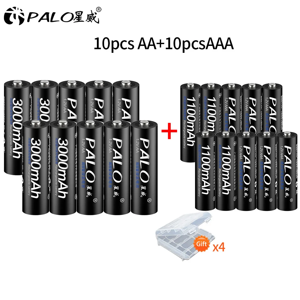 10-10 PALO 4шт. 1,2 В большой емкости батарейки АА 3000 мАч+ 4шт батарейки 1100 мАч АА / ААА 3А аккумуляторная батарея с подарочным чехлом - Цвет: 10-10