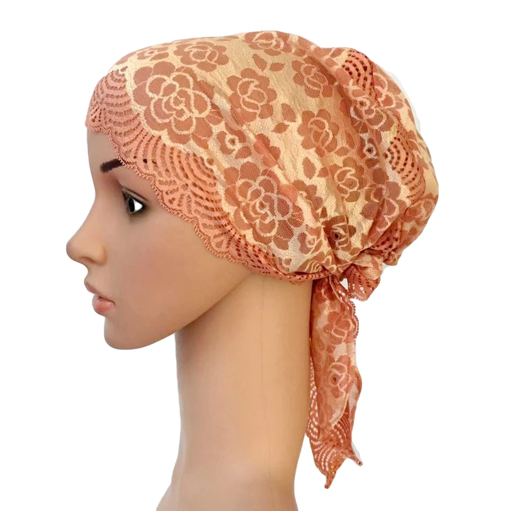 21 Khaki Flower Women Muslim Inner Cap Lace Head Wrap Cover Scarf Islamic Headwear Bonnet Hat Skullies Beanies Hair Loss Fashion - Цвет: 21 Khaki