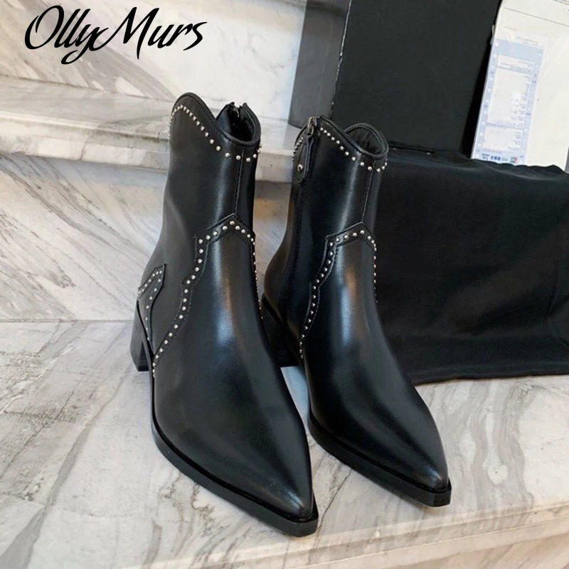 

Ollymurs Mid Heel Ladies Ankle Boots Genuine Leather Pointed Toe Fashion Female Shose Luxury Designer Solid Color Zip