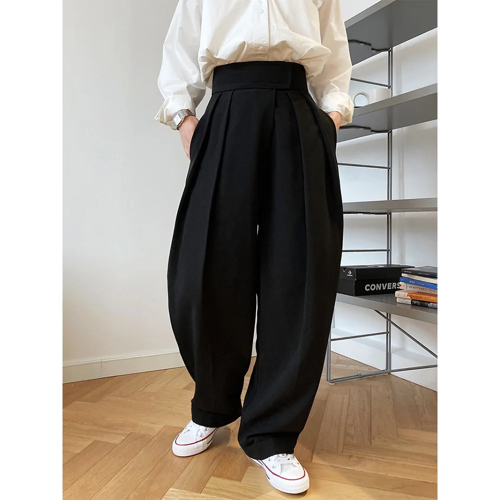 

PA0013 2021 Spring Autumn Womens Casual Solid Elastic Waist Trousers Loose Folds Straight Full-length Pants pantalones de mujer