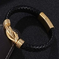 punk black leather men bracelet stainless steel unique cross knot shape wristband magnet buckle bracelets male party gift sp0749
