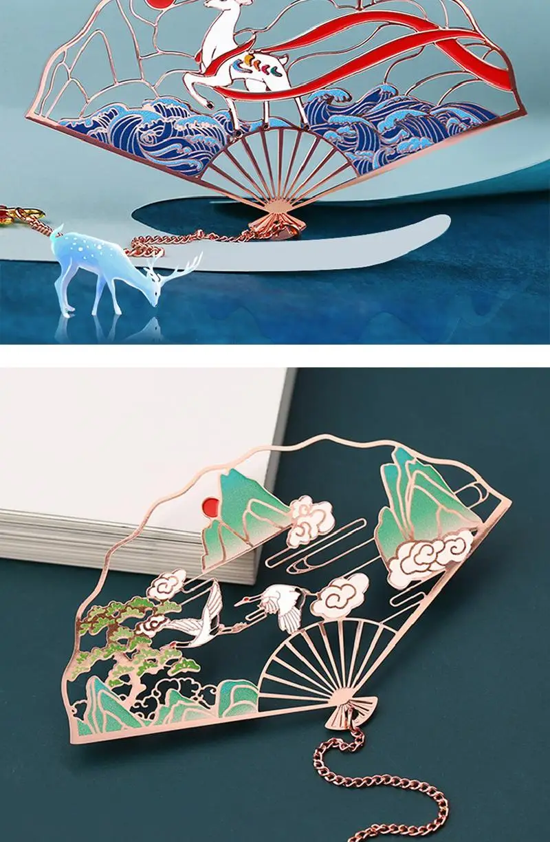 

Chinese Retro Folding Fan Design Brass Bookmark Pendant Hollow Book Clip Page Marker Gift Stationery School Office Supplies