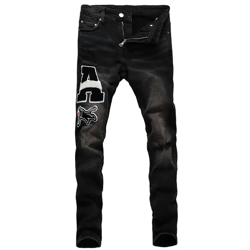 Street Style Fashion Men Jeans Black Elastic Slim Fit Hole Ripped Jeans Men Patches Designer Hip Hop Denim Pants Punk Trousers