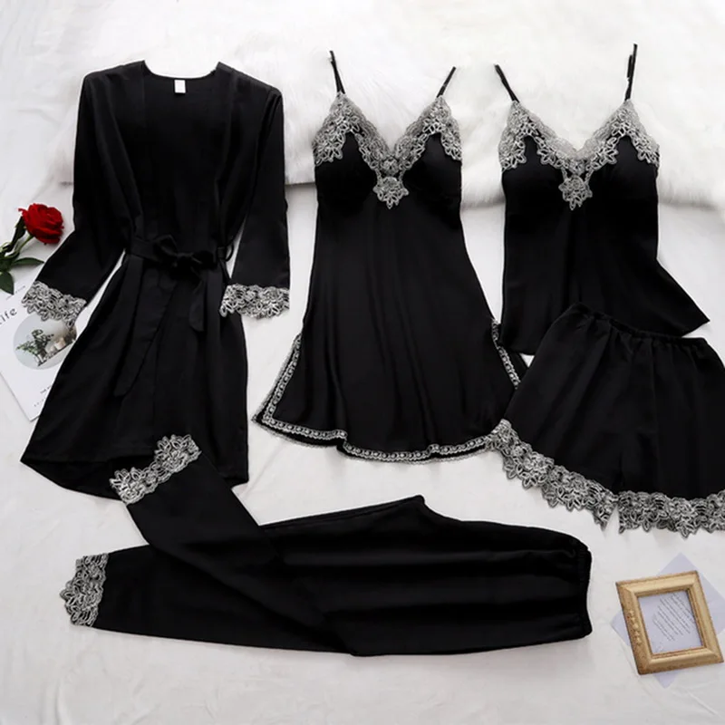 

Silk Robe Sleep Suit Womens Lace Satin Pajamas Gown Set V-Neck Cami Nighties Pijama Home Nightwear Spring Nightdress