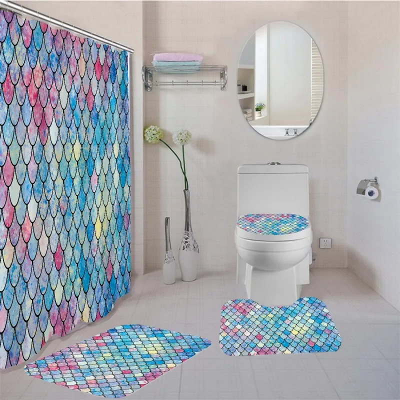 

Bathroom Rug Set MermaidShower Curtain Set Rainbow Fish Scale Bath Curtain Toilet Lid Cover Bathroom Rugs 4 Piece Shower Screen