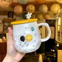 ceramic mug irregular creativity korean cartoon spaceman with spoon cover breakfast milk oatmeal coffee cup childrens gifts