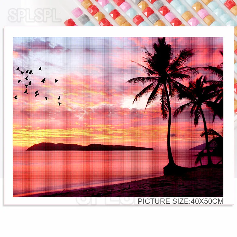 

5D Diamond Painting Landscape Sunset Coconut Tree Forest Starry Sky Sea Rice Field Meteor Shower Decoration Living Room Poster