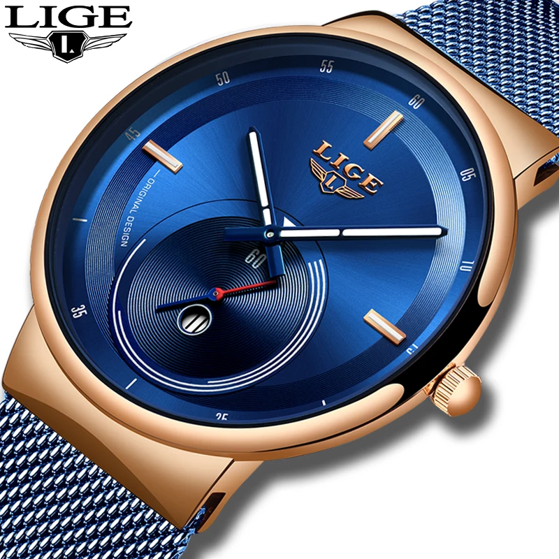 LIGE 2019 новые синие модные уникальный дизайн кварцевые часы мужские лучший бренд
