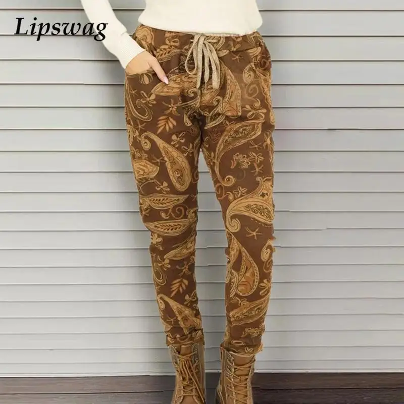 

Vintage Star Pattern Printed Female Pants Autumn Casual Drawstring Elastic Waist Trousers Spring Fashion Women Pocket Sweatpants
