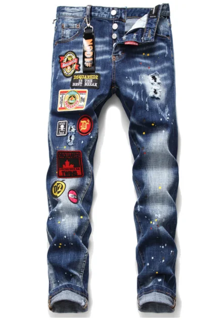 

European and American jeans male maple leaf hole badge stretch slim denim multi-process