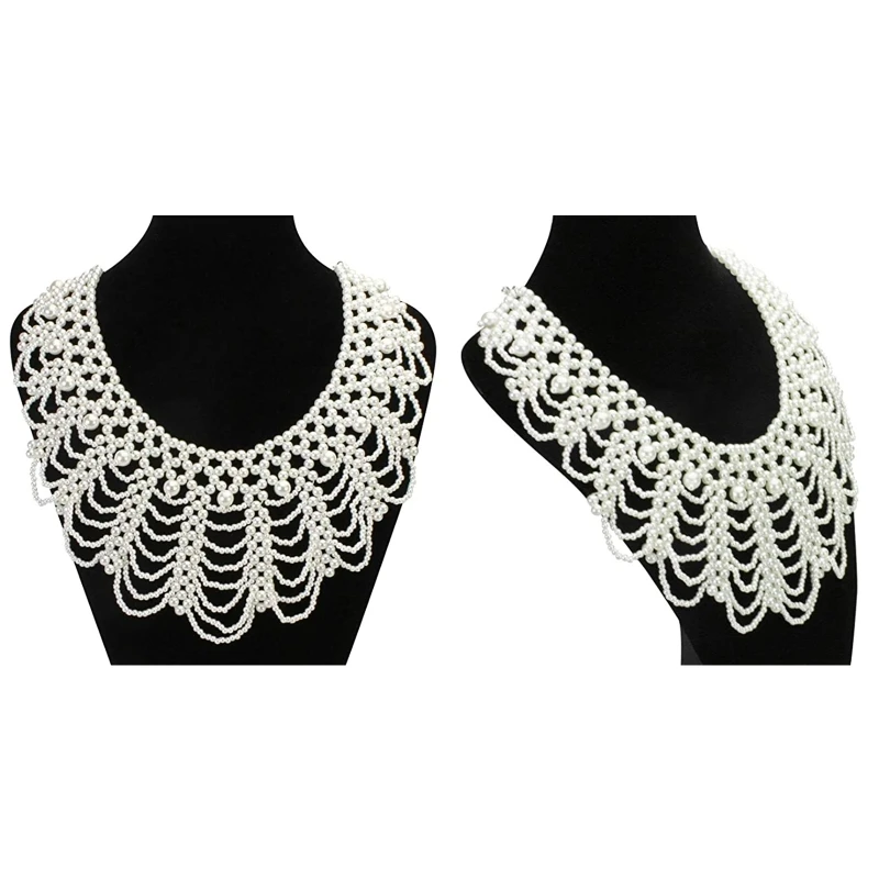 

Women Pearl Beaded Bib Choker Necklace Flower Petal Jewelry Fake Collar Dicky