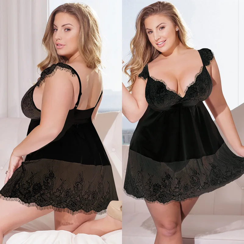 

Sexy Deep V Large Size Fat mm Lace Suspender Dress Sexy Attractive Nightdress