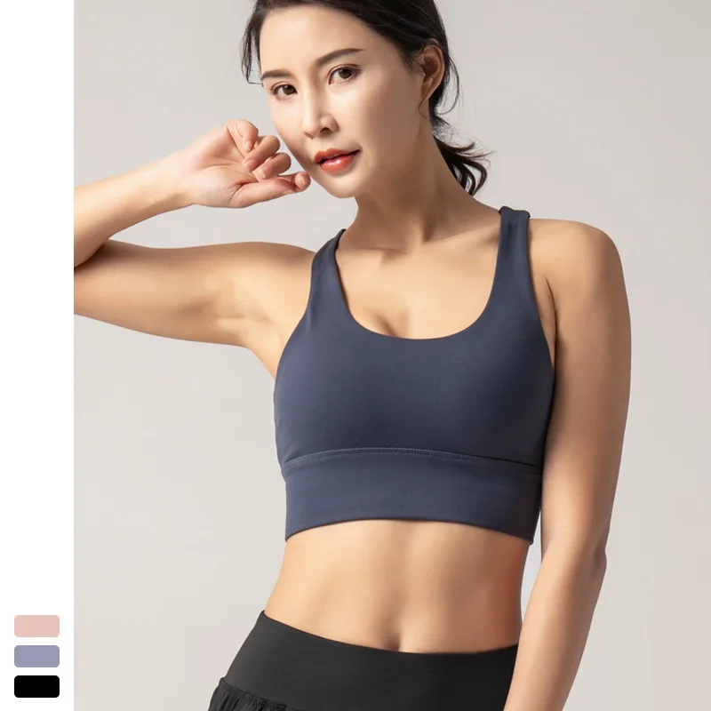 

Woman Seamless Yoga Bralette Stretchy Cross Back Breathable Running Cycling Fitness Camisole Padded Shock Proof Pushu Up Bra